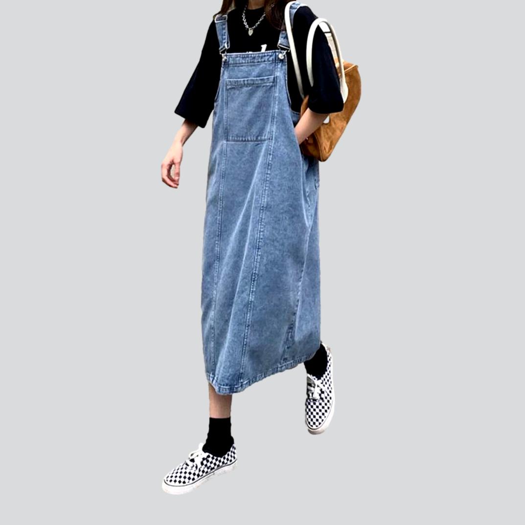 Denim Overall Suspender Pocket Pinafore A-Line Midi Dress