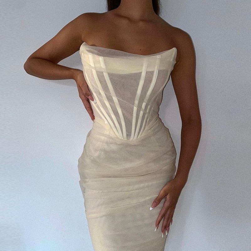 Strapless Corset Mesh Ruched Bodycon Midi Dress