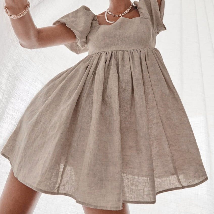 Khaki Square Neck Puff Sleeve Linen Babydoll Mini Dress
