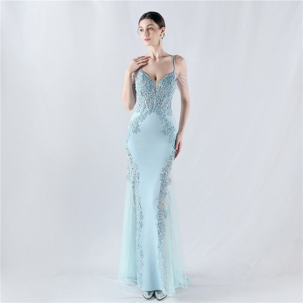 Heavy Embroidery Drilling Boning Corset Vest Lace Beaded High Fork Evening Dress