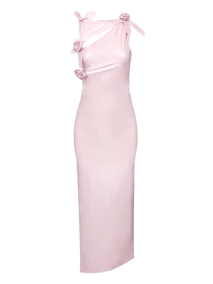 High Neck Rosette Cutout Latex High Slit Bodycon Maxi Dress