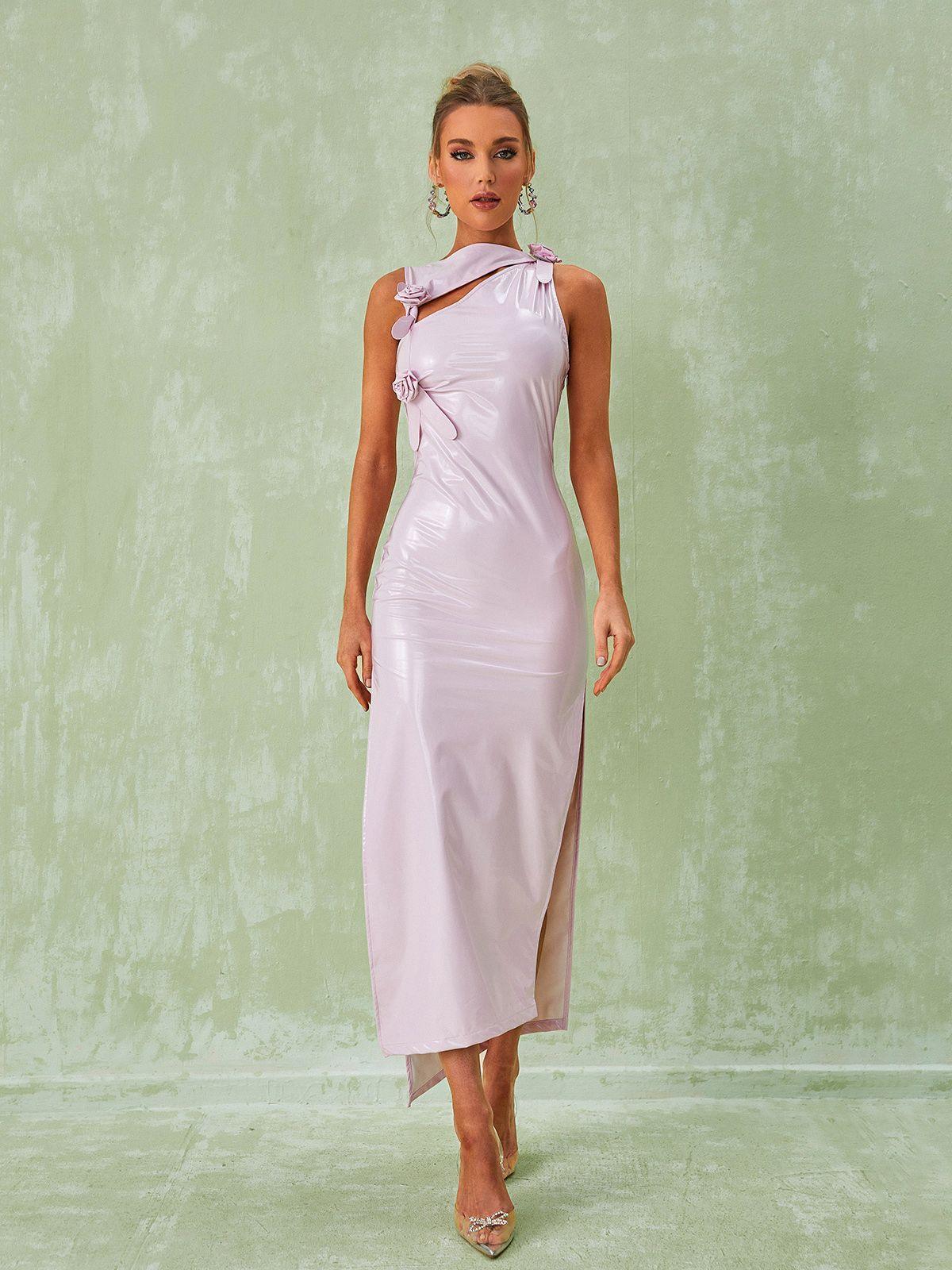 High Neck Rosette Cutout Latex High Slit Bodycon Maxi Dress