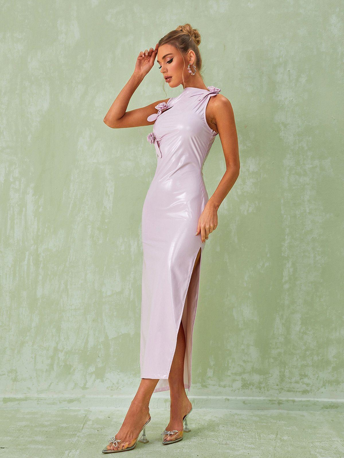 High Neck Rosette Cutout Latex High Slit Bodycon Maxi Dress