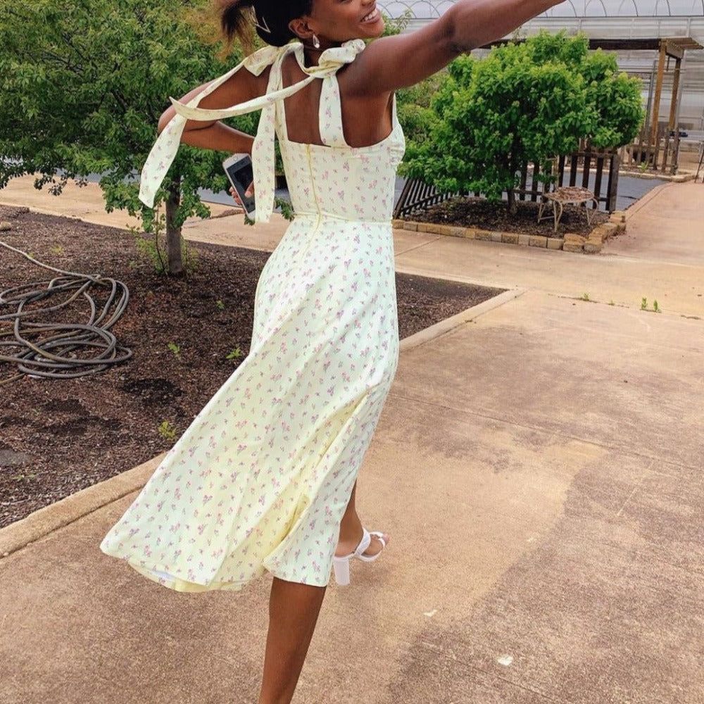 Yellow Sweetheart Tie Strap Floral Ruched Side Slit Maxi Dress