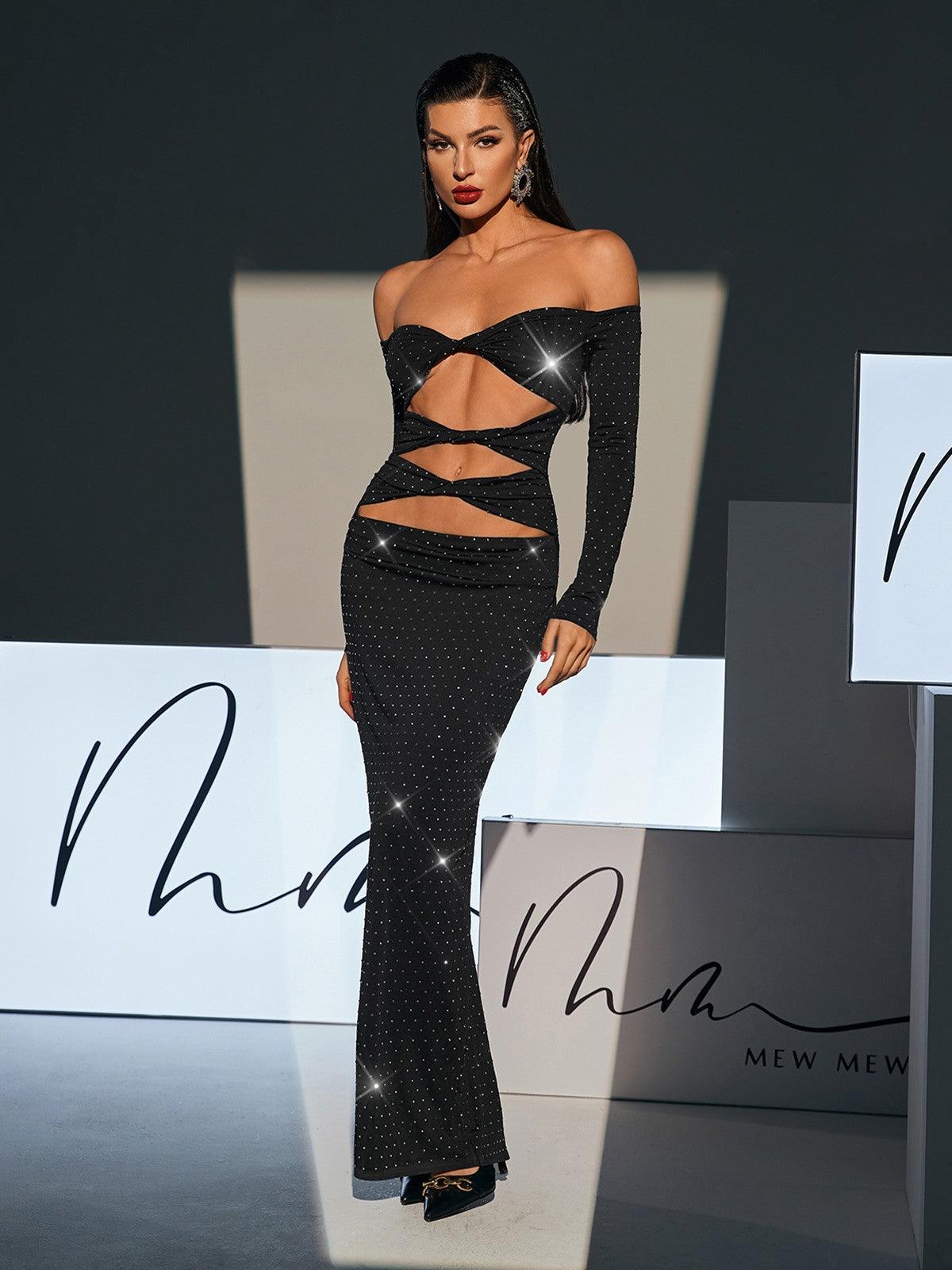 Off Shoulder Rhinestone Cutout Maxi Dress