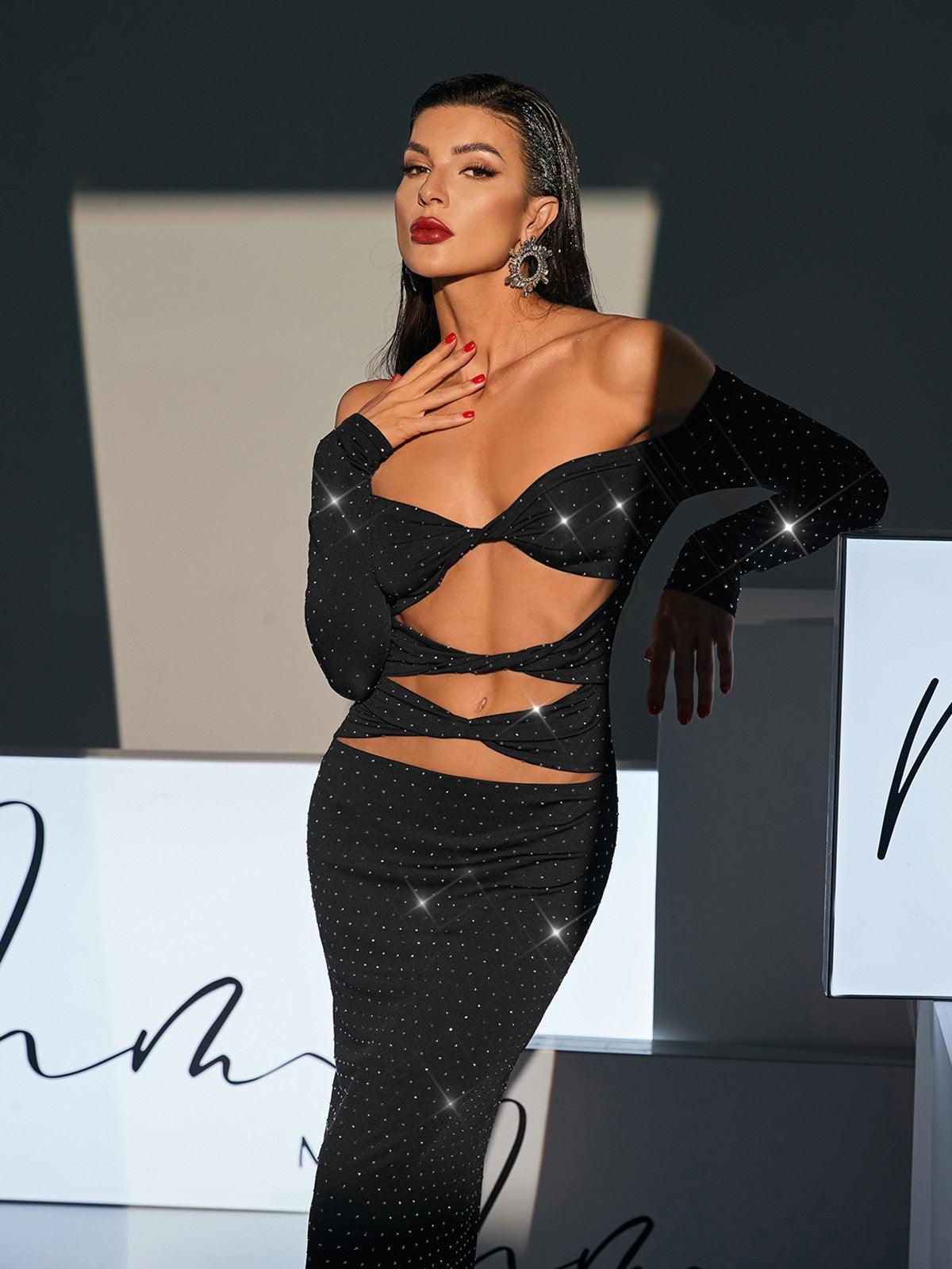 Off Shoulder Rhinestone Cutout Maxi Dress