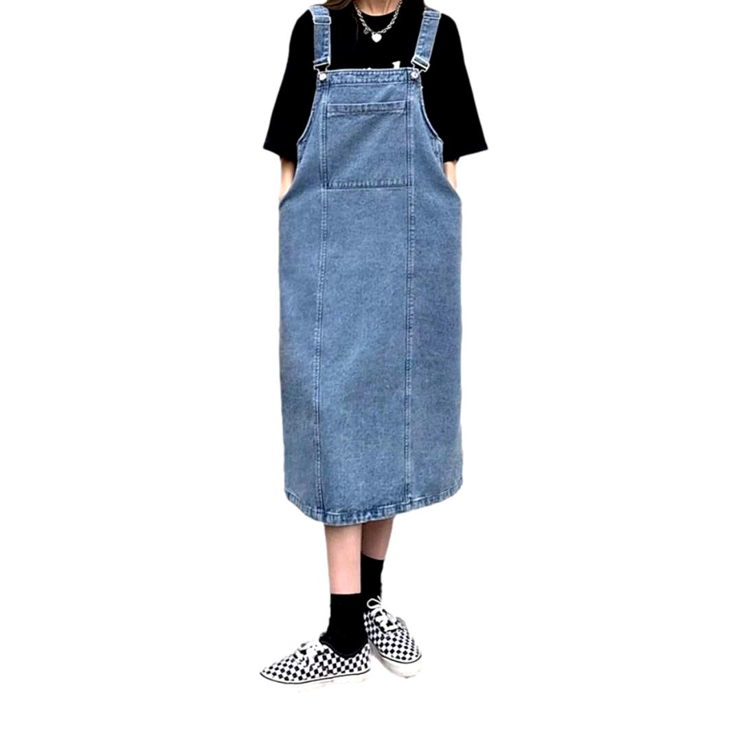 Denim Overall Suspender Pocket Pinafore A-Line Midi Dress