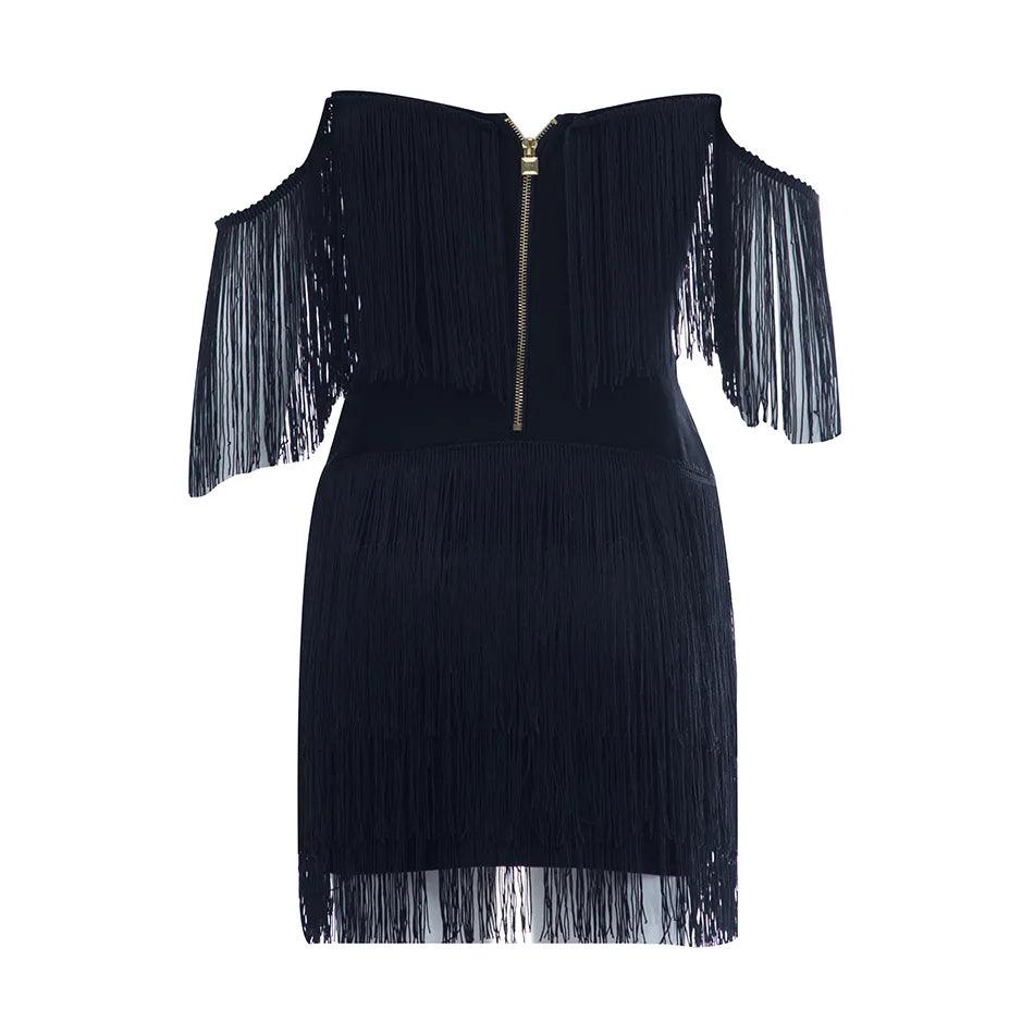 V-Neck Tiered Fringe Tassel Bodycon Mini Dress