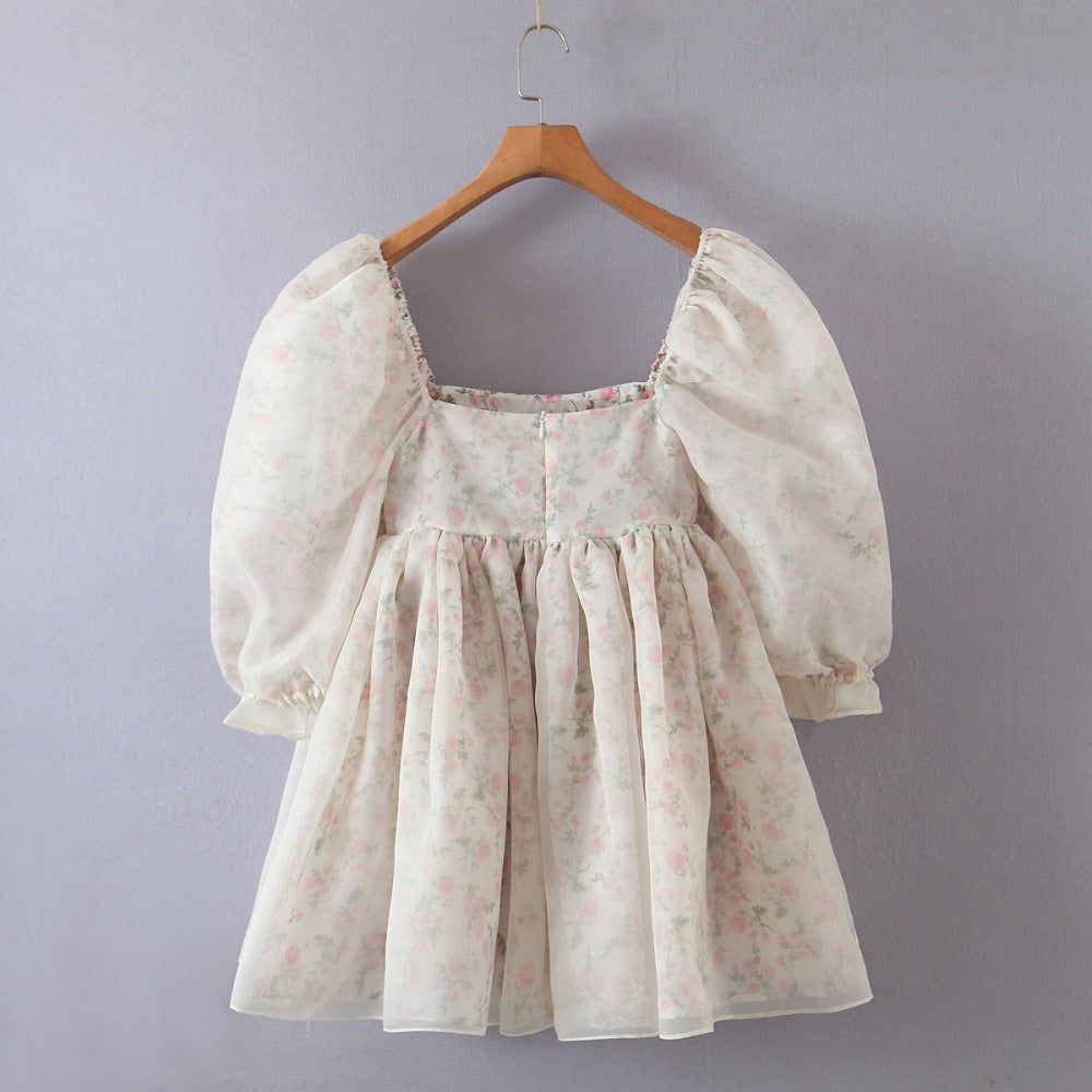 Beige Puff Sleeve Open Back Organza Fit and Flare Mini Dress