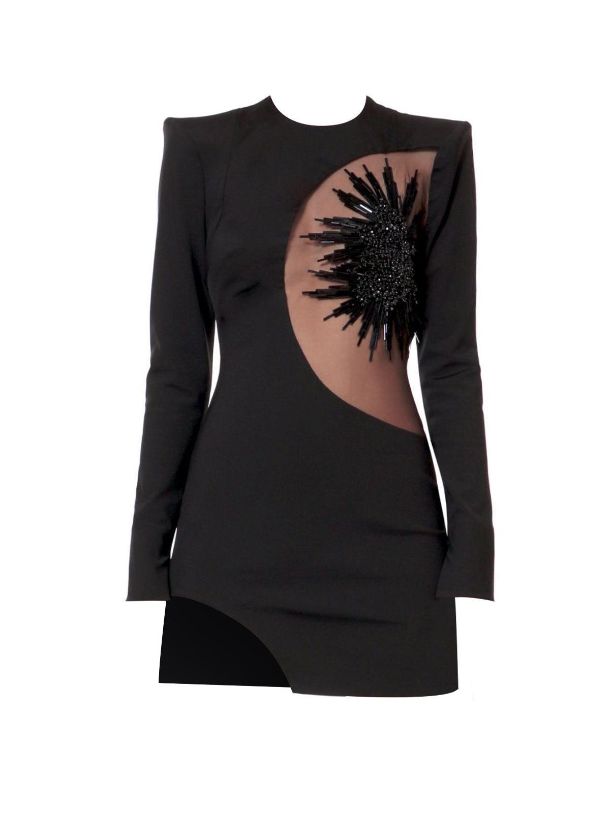 Round Neck Long Sleeve Beaded Floral Cutout Bandage Bodycon Mini Dress