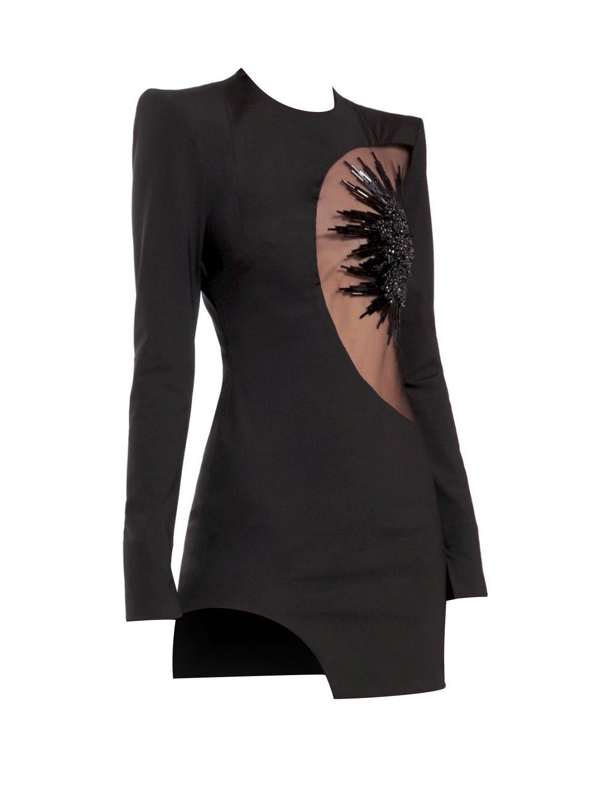 Round Neck Long Sleeve Beaded Floral Cutout Bandage Bodycon Mini Dress