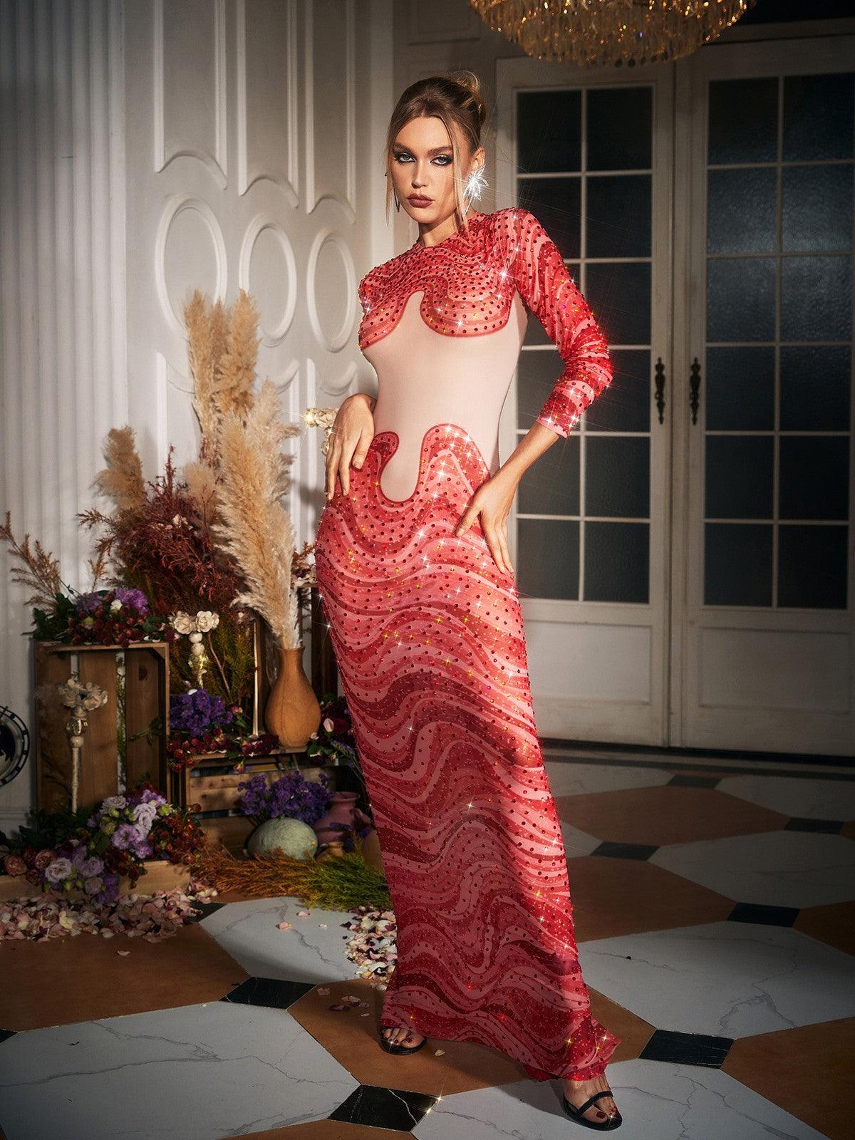 Wave Printed Rhinestone Maxi Dress