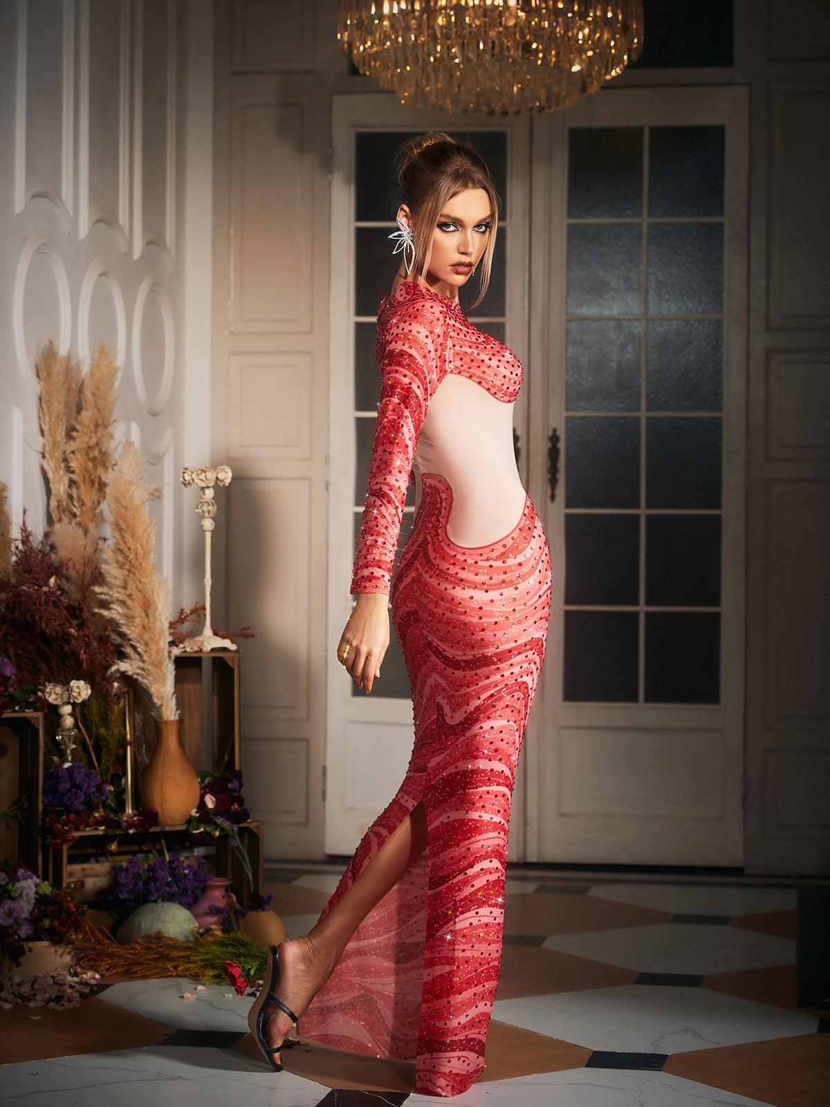 Wave Printed Rhinestone Maxi Dress
