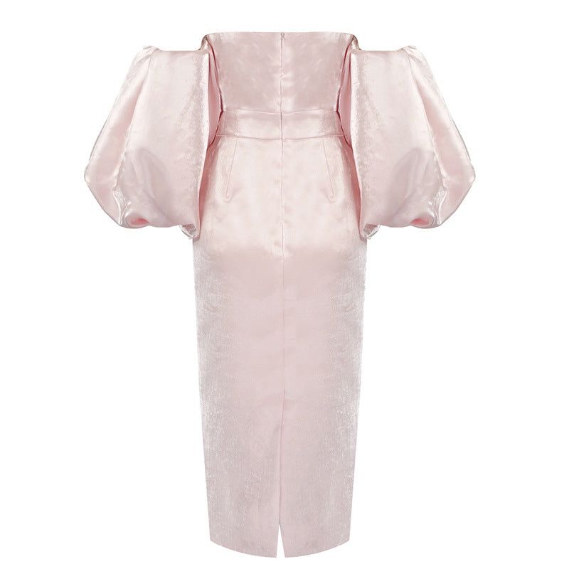 Pink Sweetheart Puff Sleeve Satin Bodycon Midi Dress 10