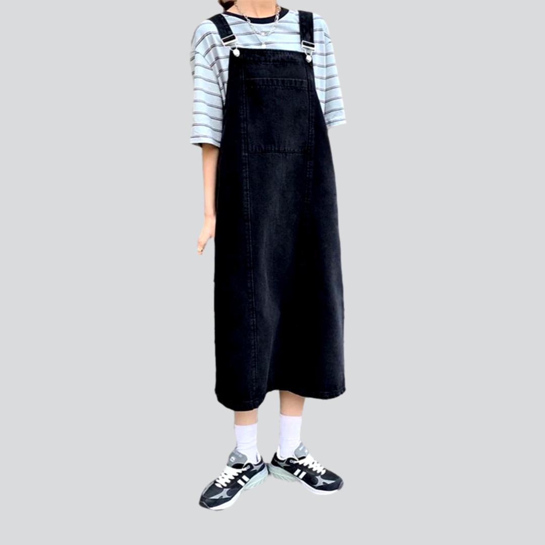Denim Overall Suspender Pocket Pinafore A-Line Midi Dress