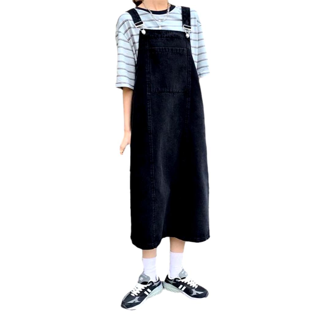 Denim Overall Suspender Pocket Pinafore A-Line Midi Dress
