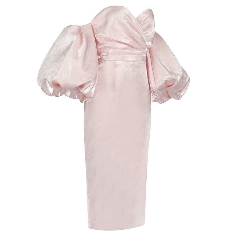 Pink Sweetheart Puff Sleeve Satin Bodycon Midi Dress 9