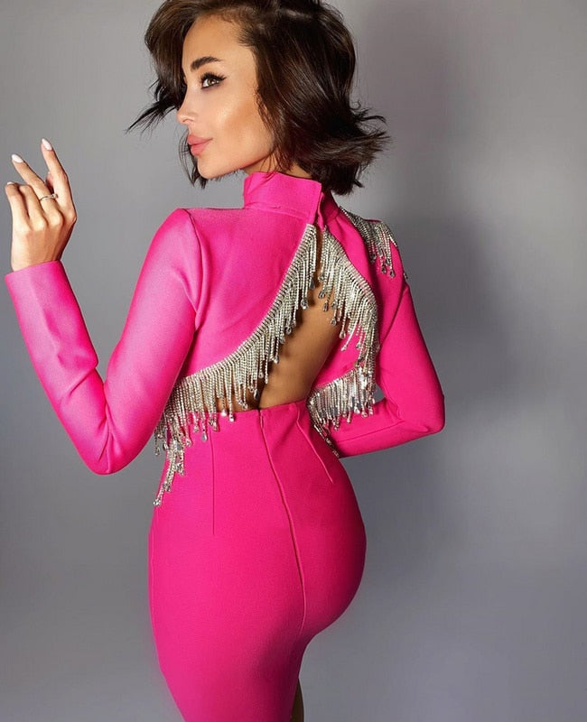 HighQuality Red Black Sexy Sparkly Backless Diamonds Tassel Rayon Bandage Dress
