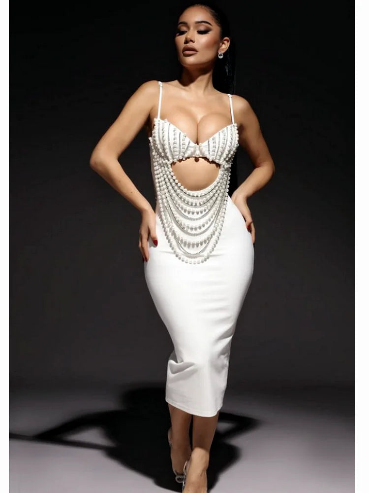 Pearl Beaded Spaghetti Strap Midi Party Dress