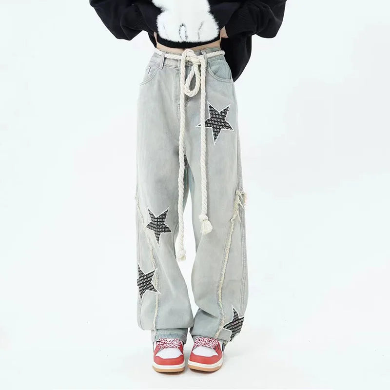 Stars Embroidery High Waist Jeans Pants Light Blue / S