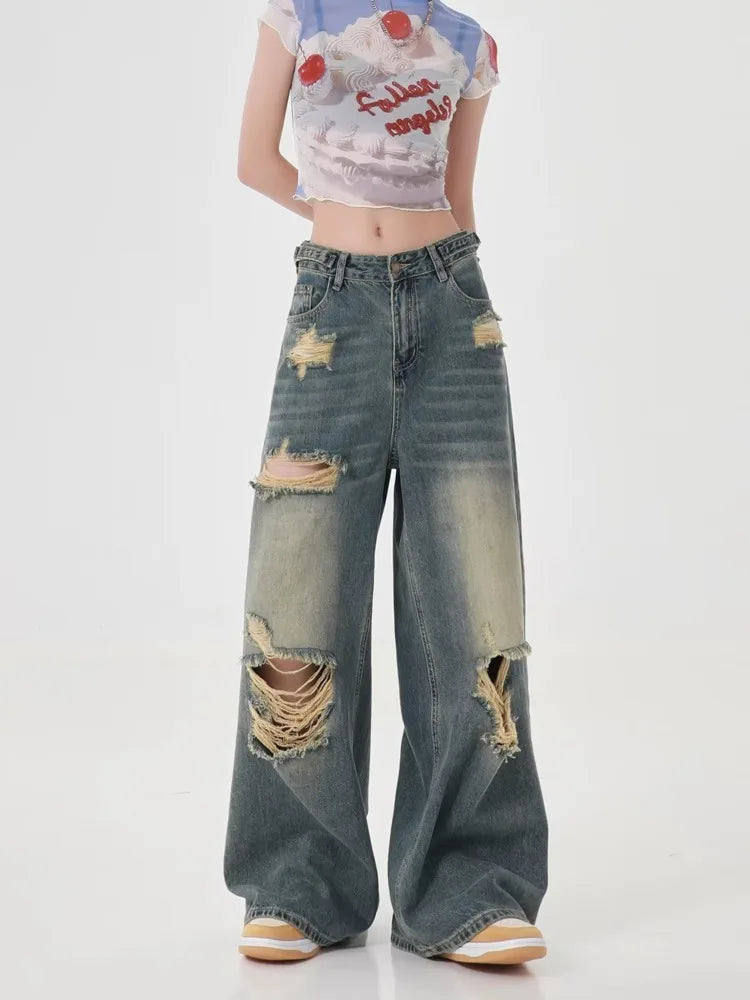 Perforated Women’s Summer New Ins Fashion Brand Straight Tube Loose Sweeping High Street Jean