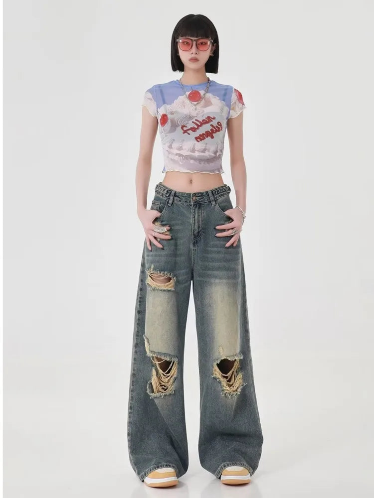 Perforated Women's Summer New INS Fashion Brand Straight Tube Loose Sweeping High Street Jean