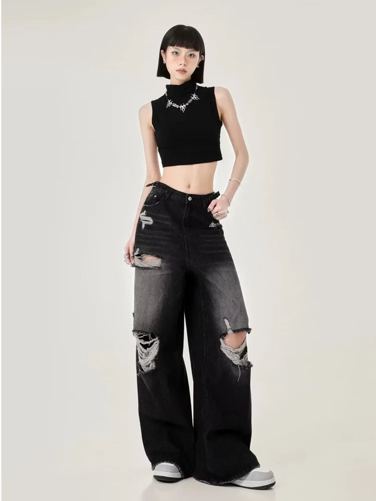 Perforated Women's Summer New INS Fashion Brand Straight Tube Loose Sweeping High Street Jean