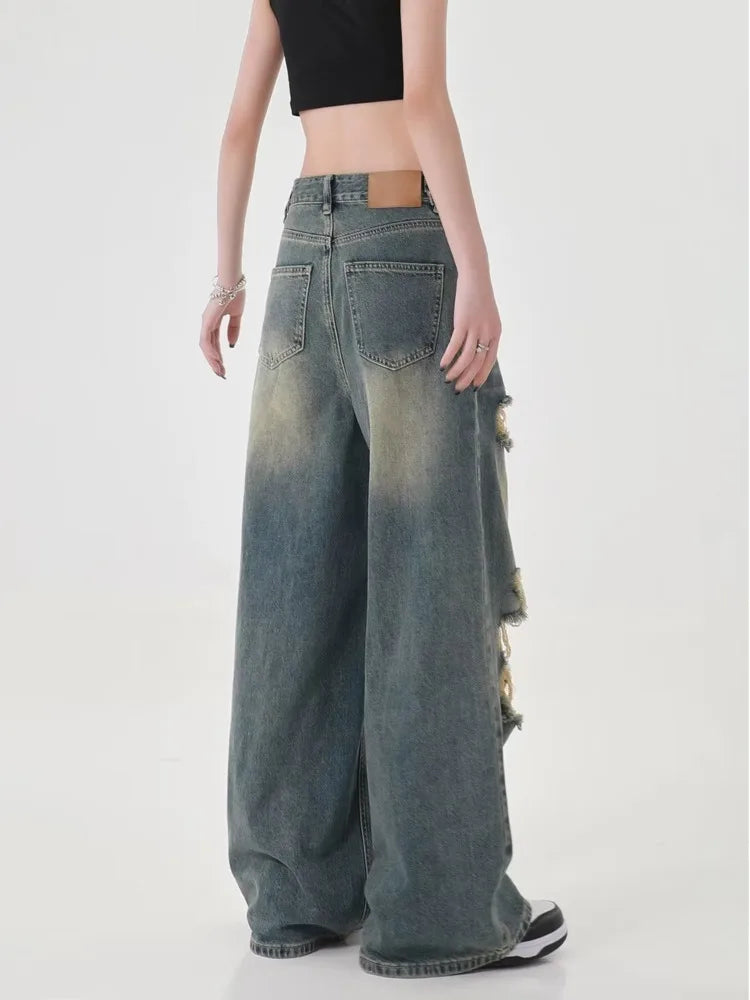 Perforated Women's Summer New INS Fashion Brand Straight Tube Loose Sweeping High Street Jean