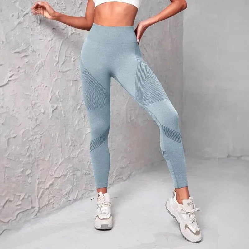 Waist Striped Mesh Fitness Outdoor Running Legging Blue / S