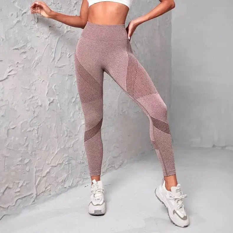 Waist Striped Mesh Fitness Outdoor Running Legging Brown / S