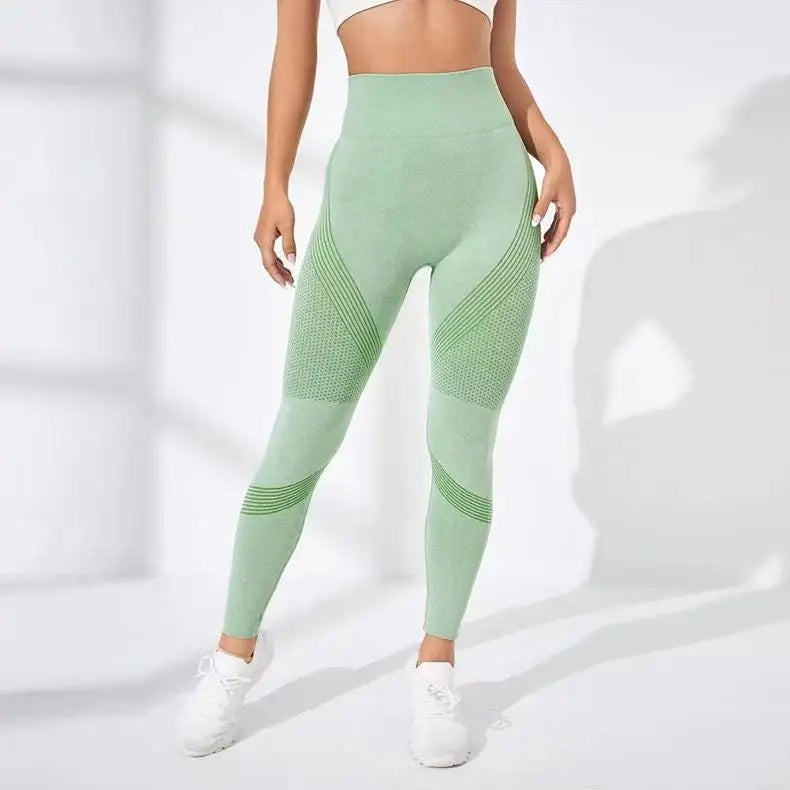 Waist Striped Mesh Fitness Outdoor Running Legging Green / S
