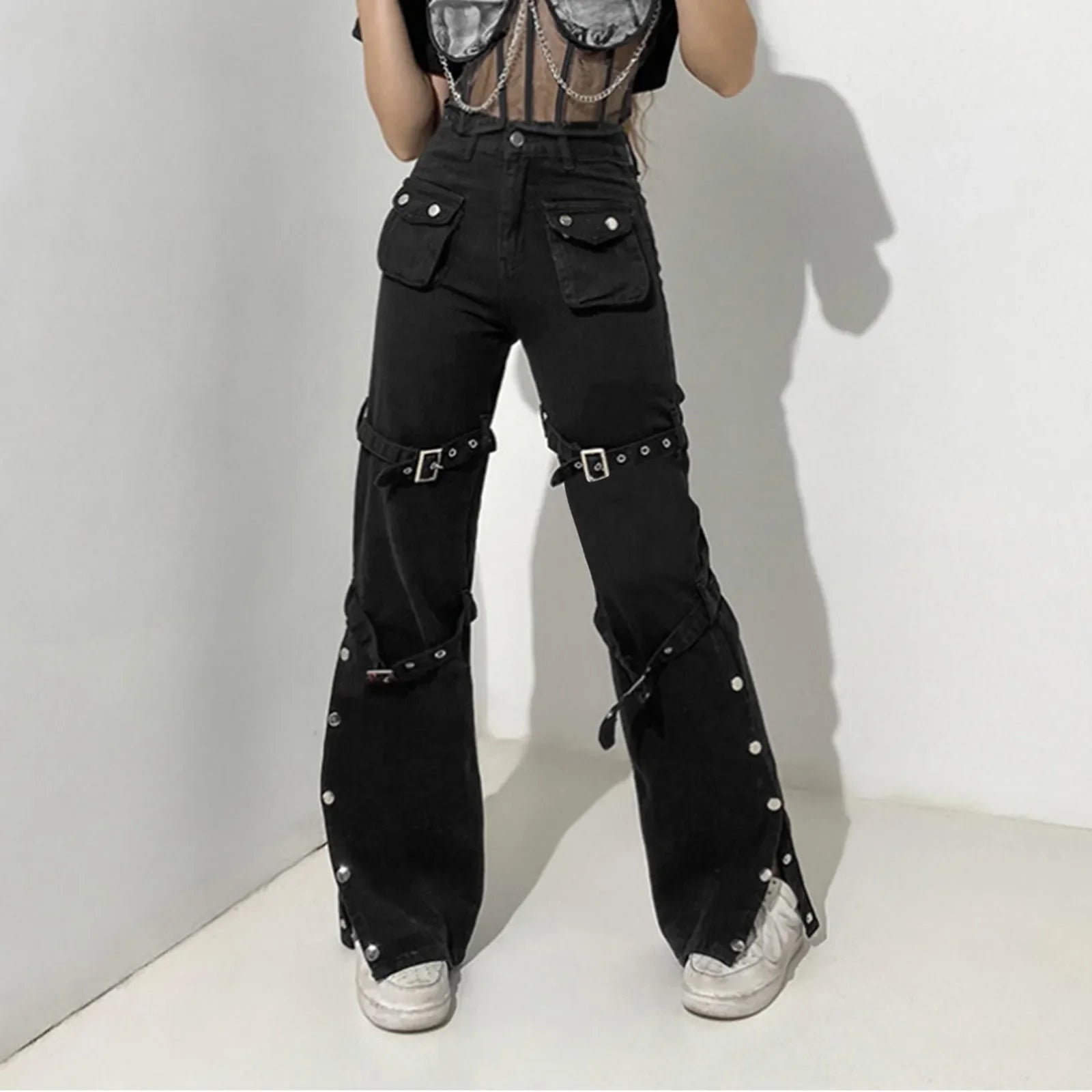 Hippie Cool Straight Punk Trendy Metal Buckle Side Split Black Belted Pants