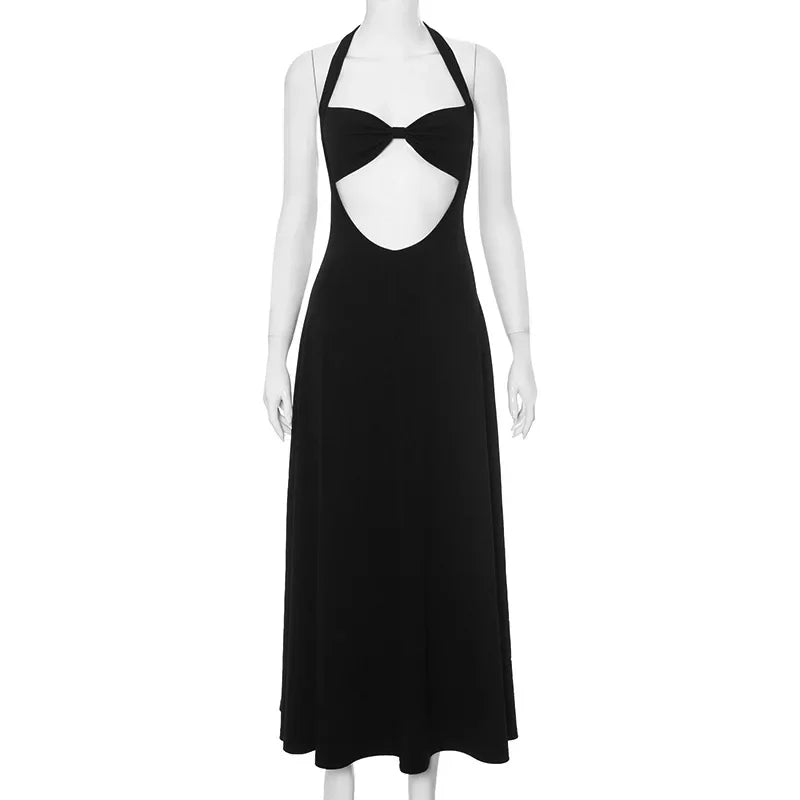 Hollow Backless Slim Sleeveless Party-Ready Bandaged Evening Midi Dress Black / S