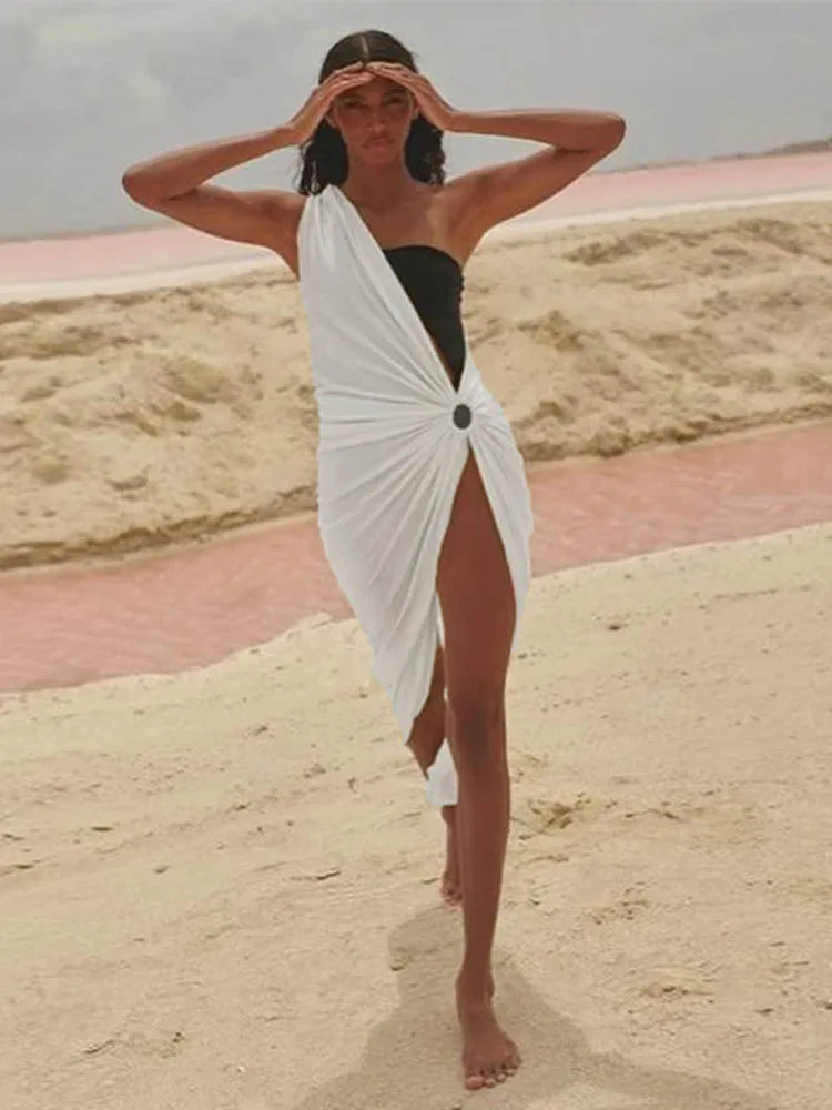 Hollow One Shoulder White Midi Dress