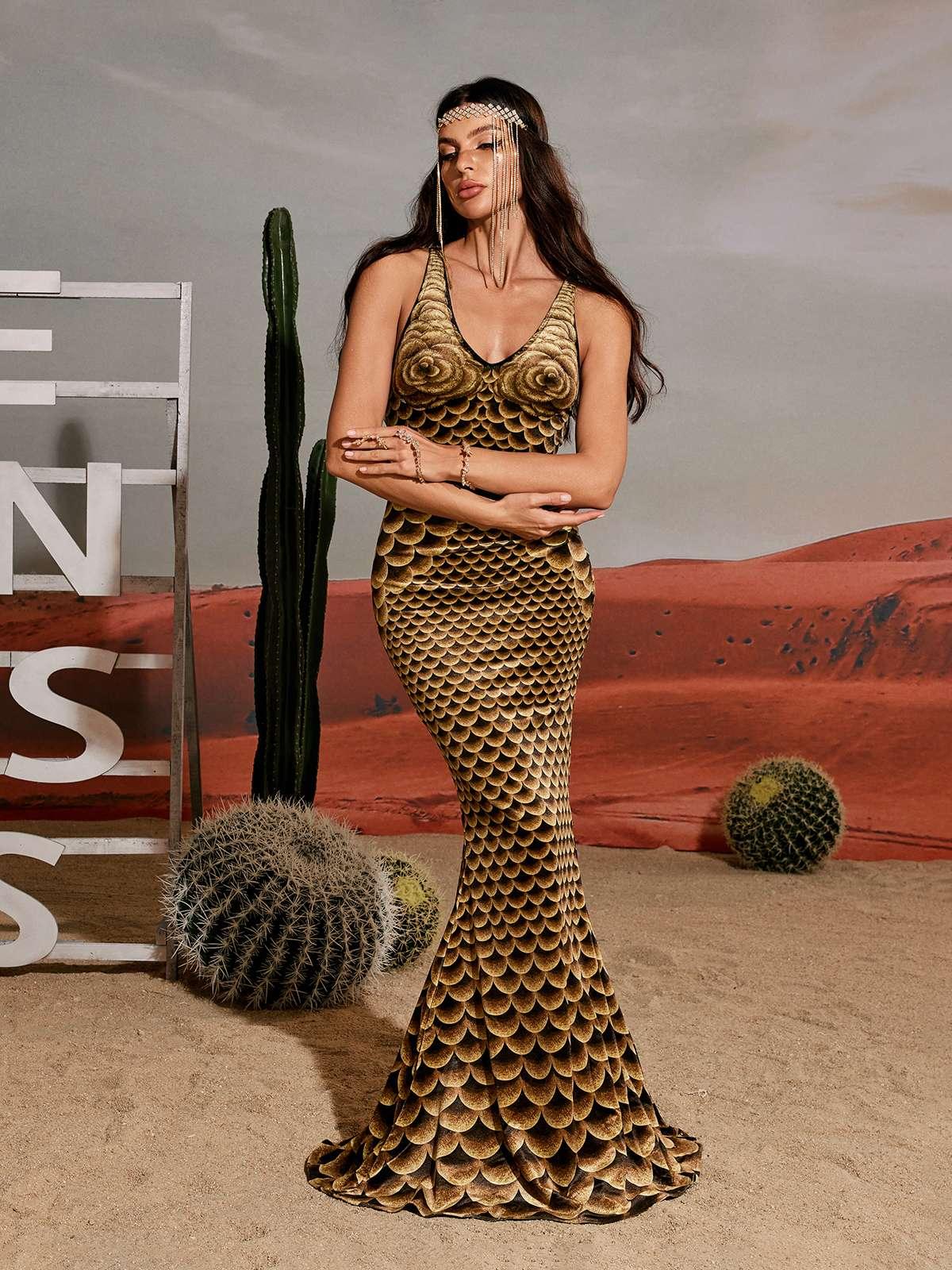 Printed Mermaid Maxi Dress