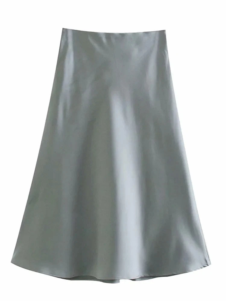 Solid Satin Elastic Waist Summer Slim ALine Skirt