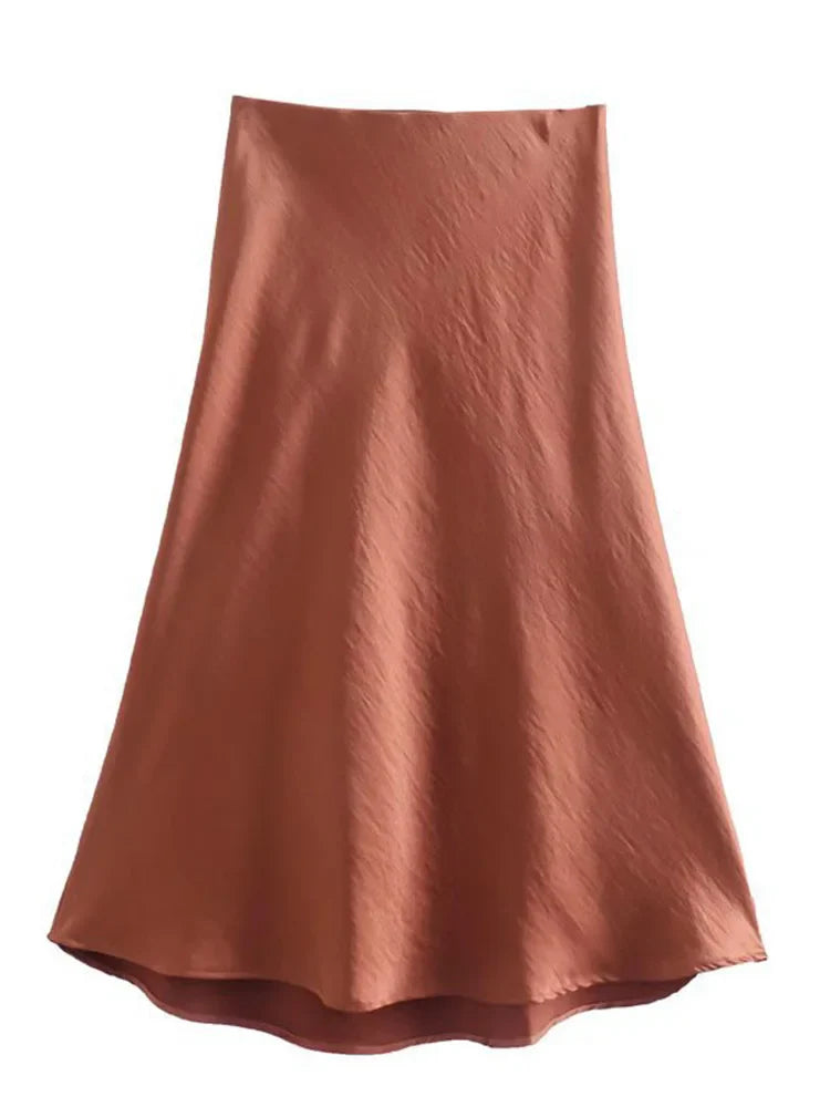 Solid Satin Elastic Waist Summer Slim ALine Skirt