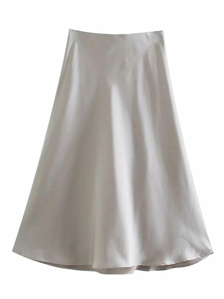 Solid Satin Elastic Waist Summer Slim ALine Skirt