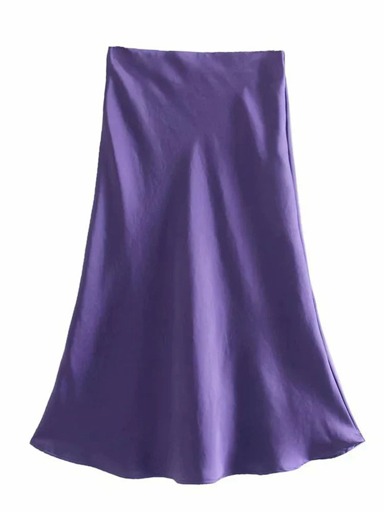 Solid Satin Elastic Waist Summer Slim ALine Skirt