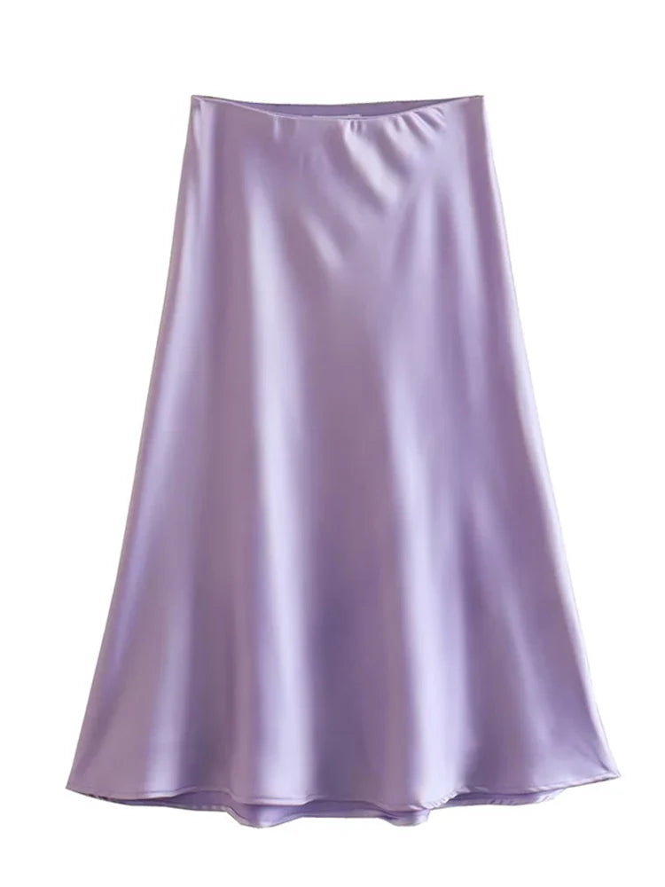Solid Satin Elastic Waist Summer Slim ALine Skirt