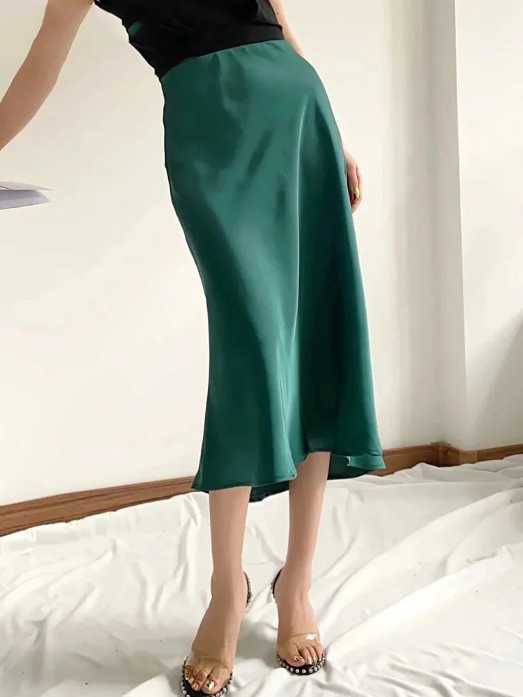 Solid Satin Elastic Waist Summer Slim ALine Skirt