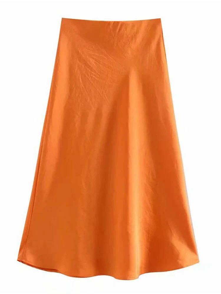 Solid Satin Elastic Waist Summer Slim ALine Skirt