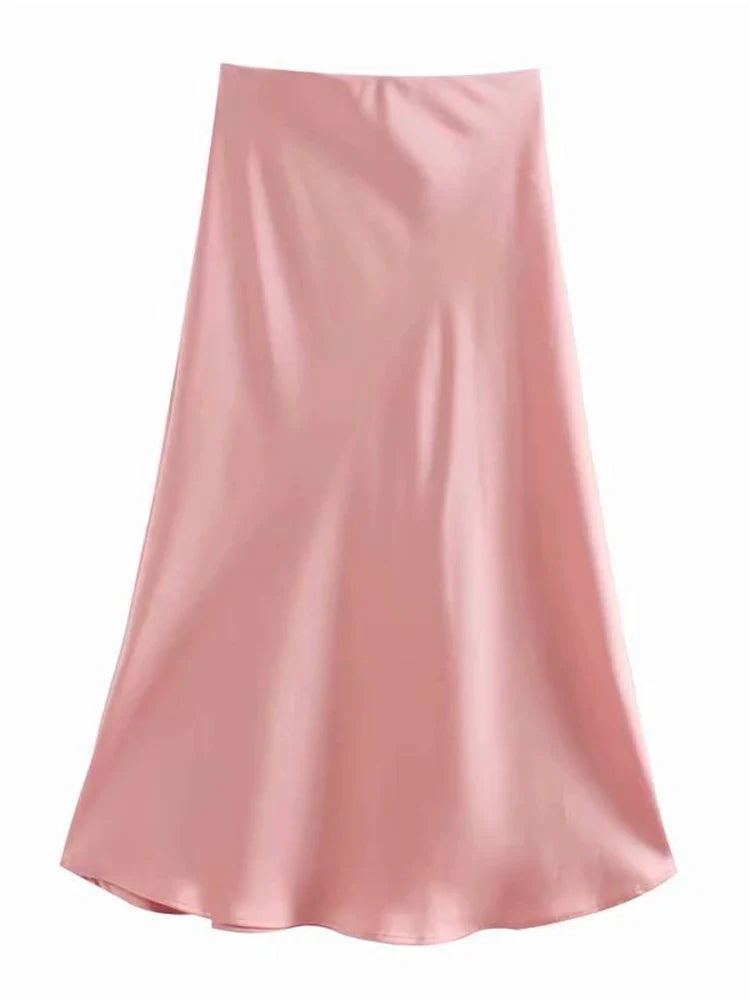 Solid Satin Elastic Waist Summer Slim ALine Skirt