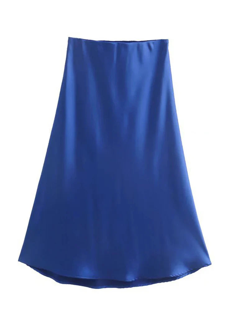 Solid Satin Elastic Waist Summer Slim ALine Skirt