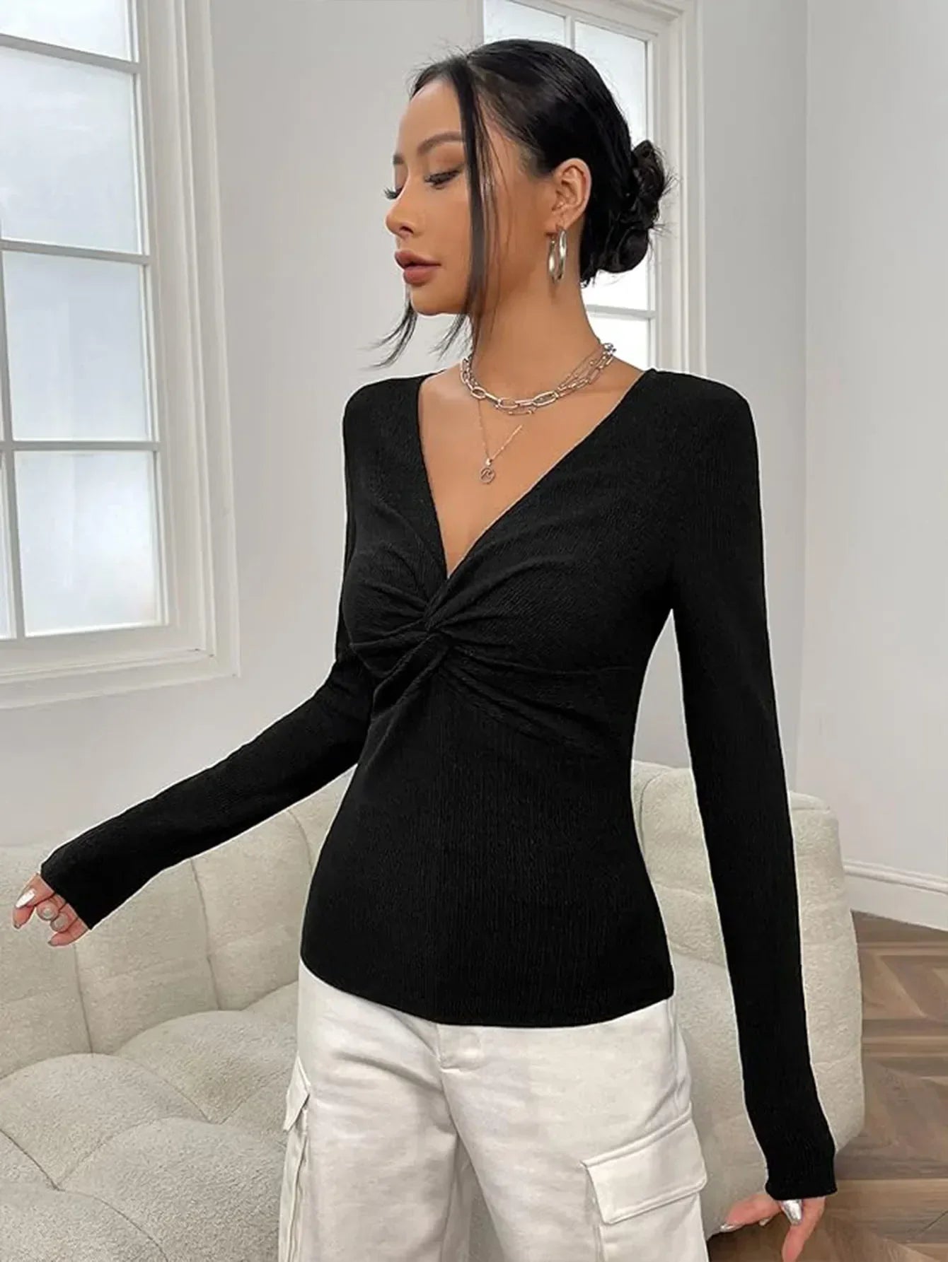 Sexy V-Neck Knitted Base Shirt Figure Slim Fit Top Women