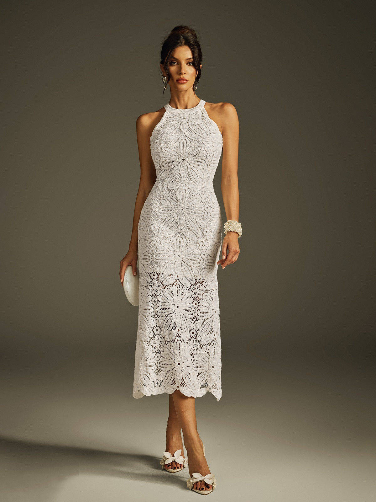 Halterneck Embroidered Midi Dress