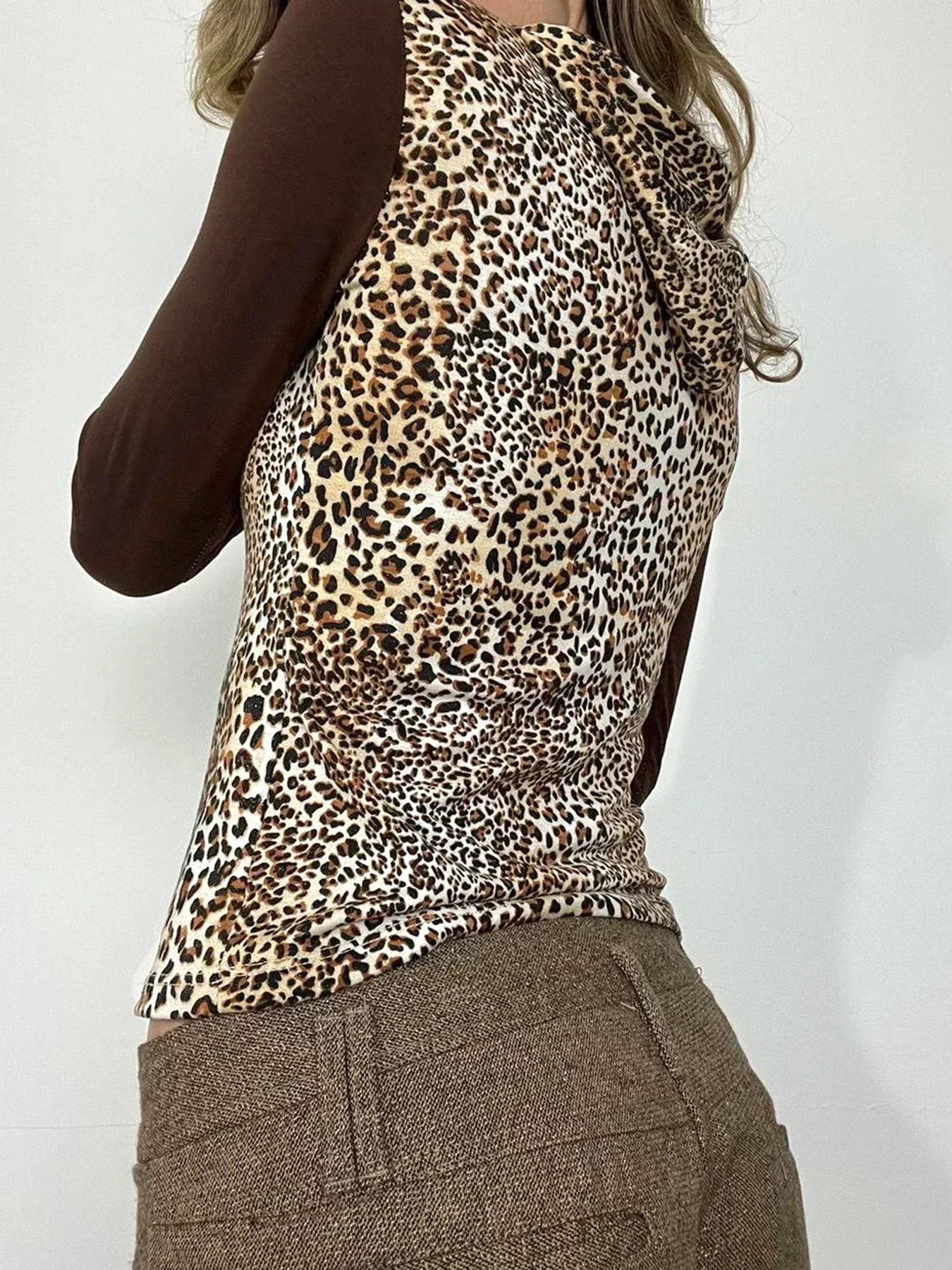 Leopard Patchwork Hooded Slim V-Neck Long Sleeve Knit Top