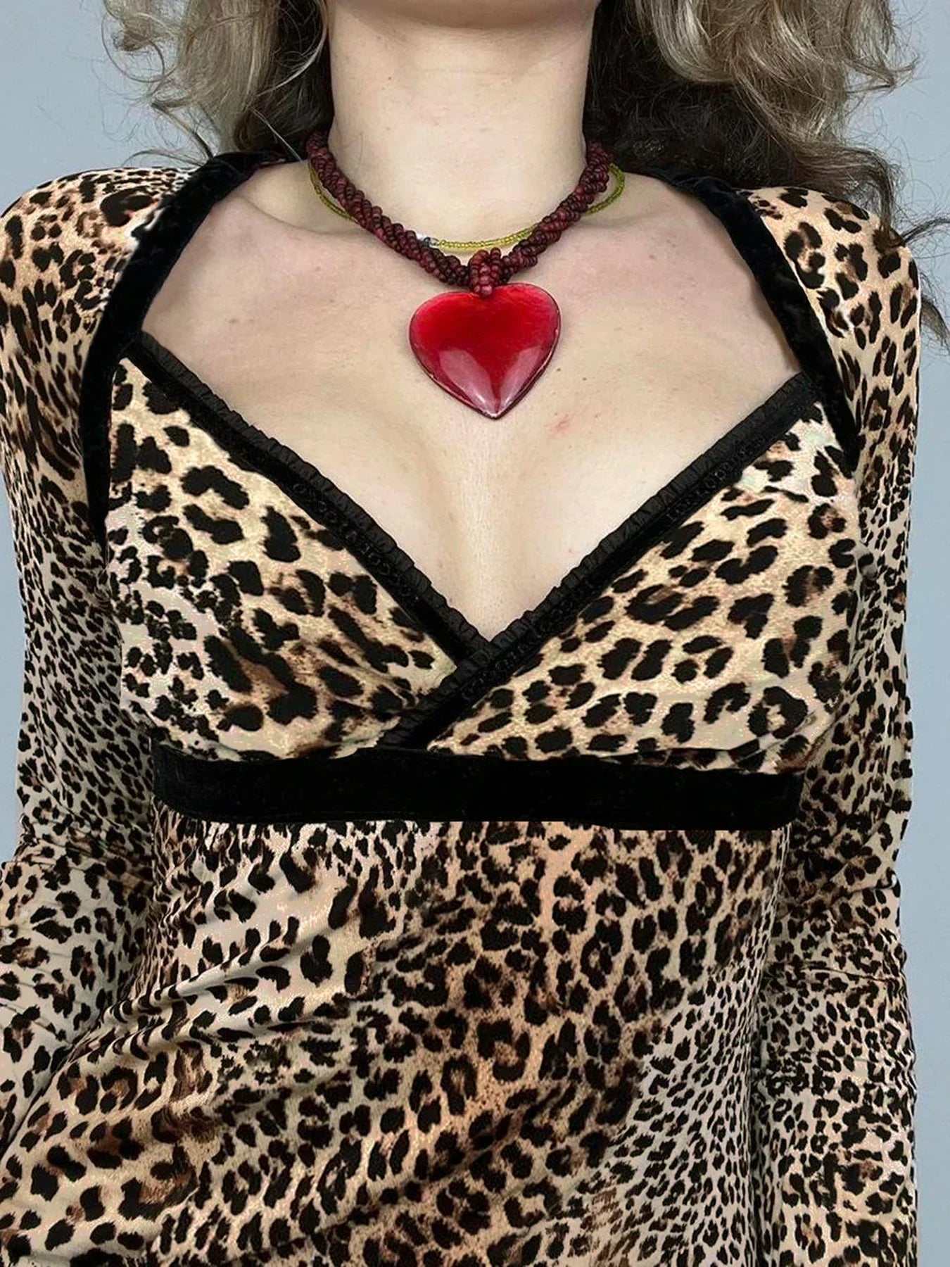 Leopard Patchwork Slim Square Collar Long Sleeve Knit Top