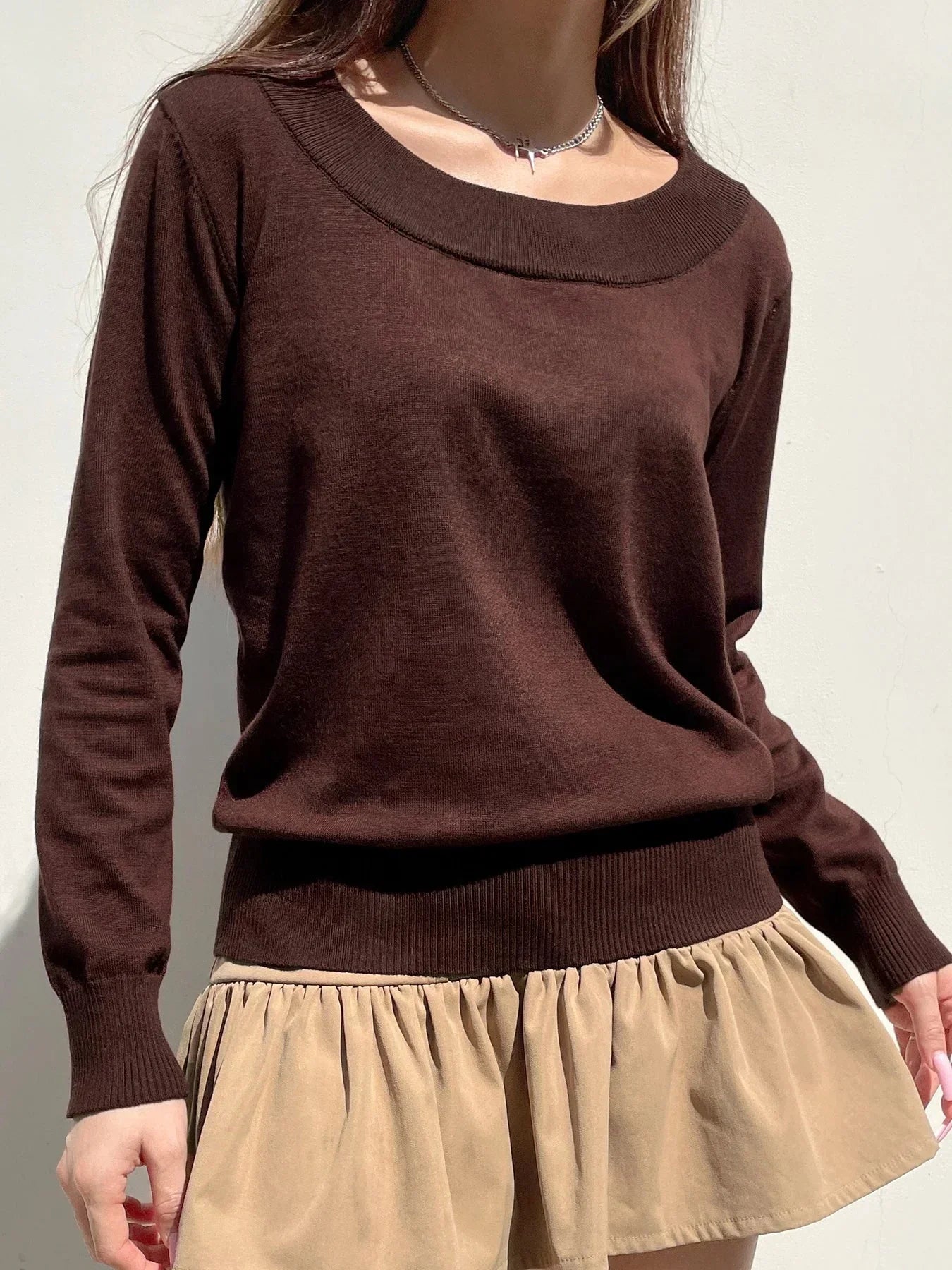 Solid Knitted Slash Neck Long Sleeve Pullover Sweater