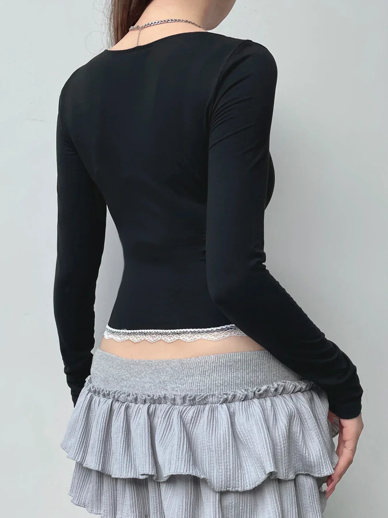 Sweet Lace Trim Cropped Square Collar Long Sleeve Knit Top